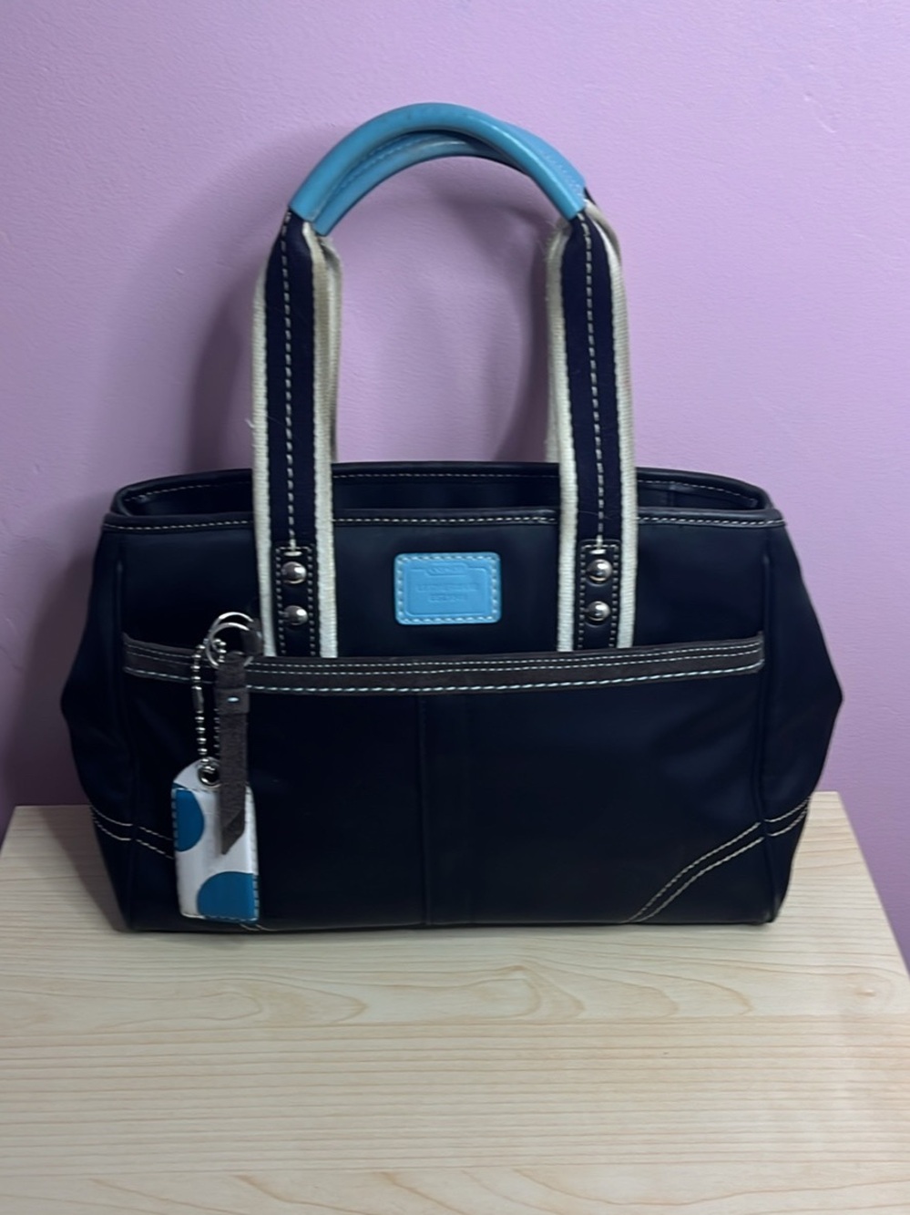 Blue and Black coach Tote Bag with Accent Trim